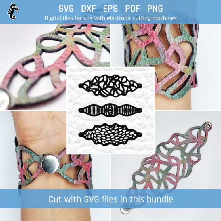 3 bracelet SVG cut files with assorted pattern designs, including teardrop and squiggle designs.